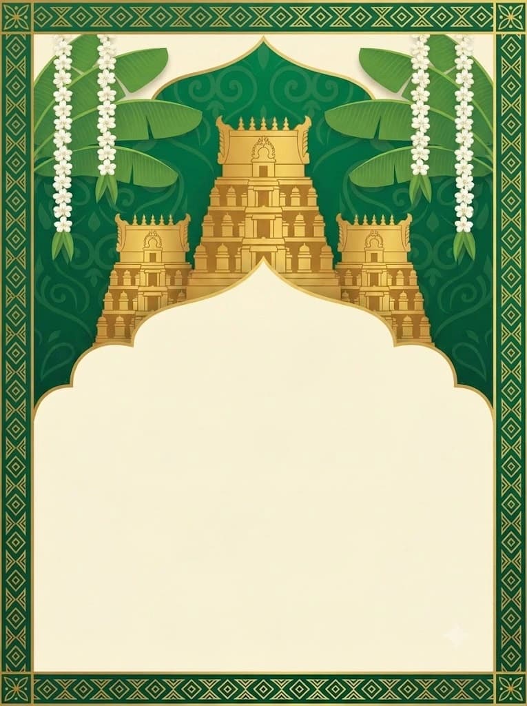Illustrated banana-leaf and jasmine garland decor for a South Indian reception, set in a grand ballroom